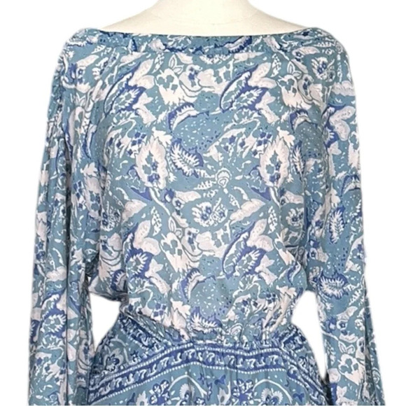 FREE PEOPLE Bohemian Mini Dress Silver Sun Cutout Blue Washed Pockets, Medium - Picture 4 of 16